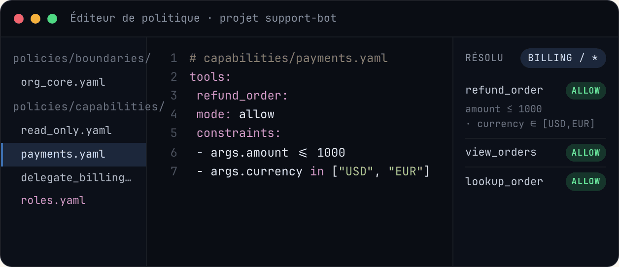 Hexgate — policy editor: capabilities, argument constraints and permissions resolved by role